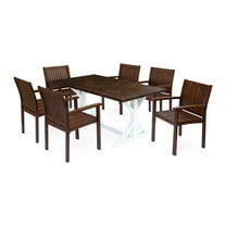 Viviana Outdoor 7 Piece Acacia Wood Rectangular Dining Set, Dark Brown, White