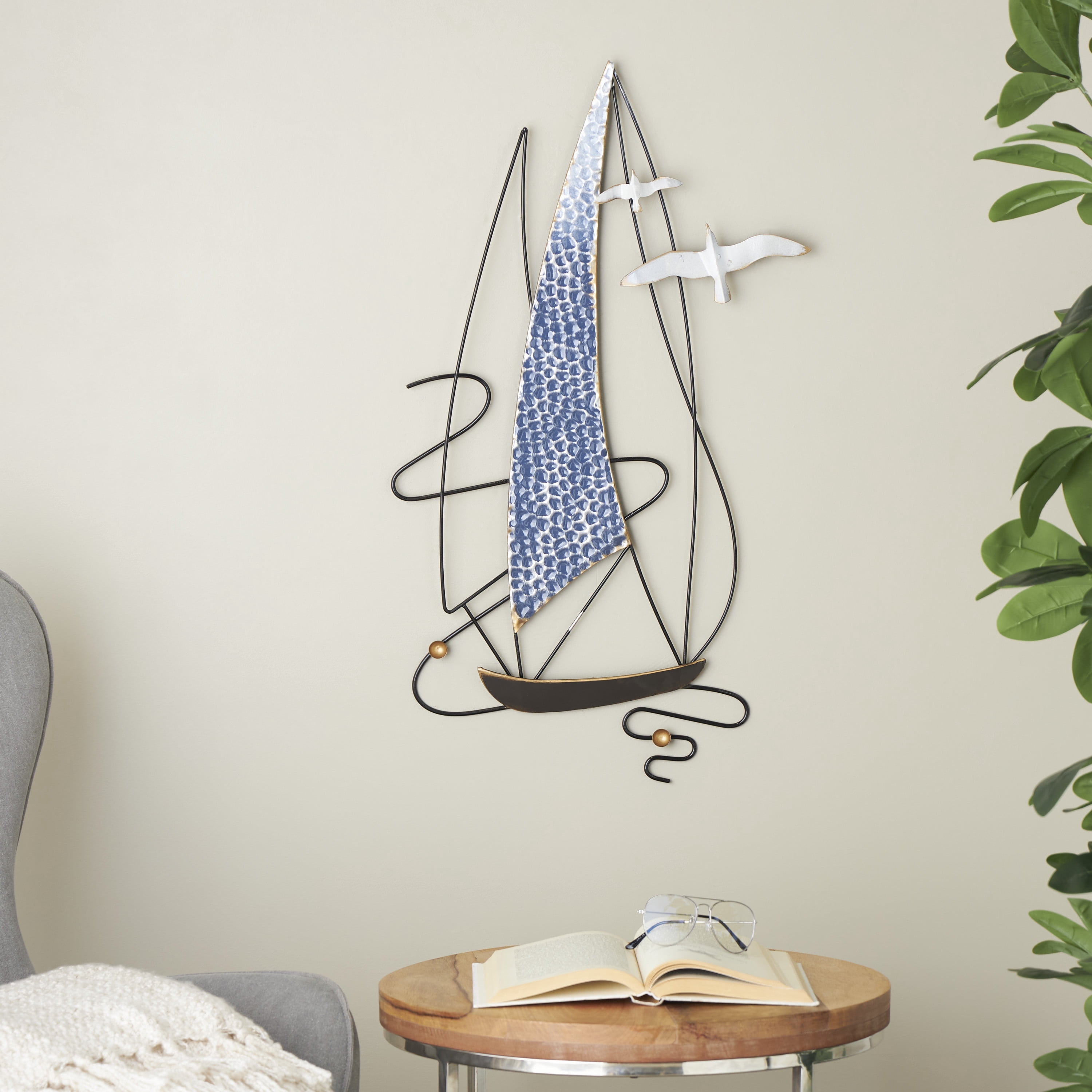 DecMode Blue Metal Sail Boat Wall Decor with Black Wire Outline and White Bird Accents