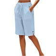 thumbnail image 2 of Bloomae Linen Bermuda Shorts for Women Lightweight Casual Button Side Slit Hem Long Shorts Above Knee Length Drawstring High Waisted Comfy Summer Shorts with Pockets, 2 of 6