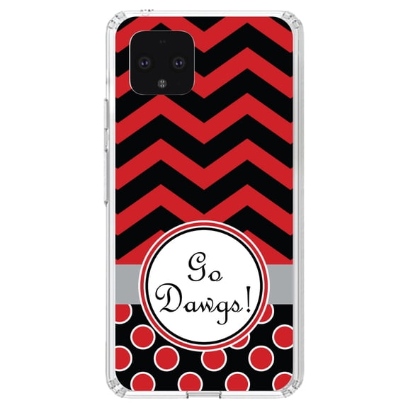 DistinctInk Clear Shockproof Hybrid Case for Google Pixel 4 (5.7" Screen) - TPU Bumper, Acrylic Back, Tempered Glass Screen Protector - Red Black Go Dawgs