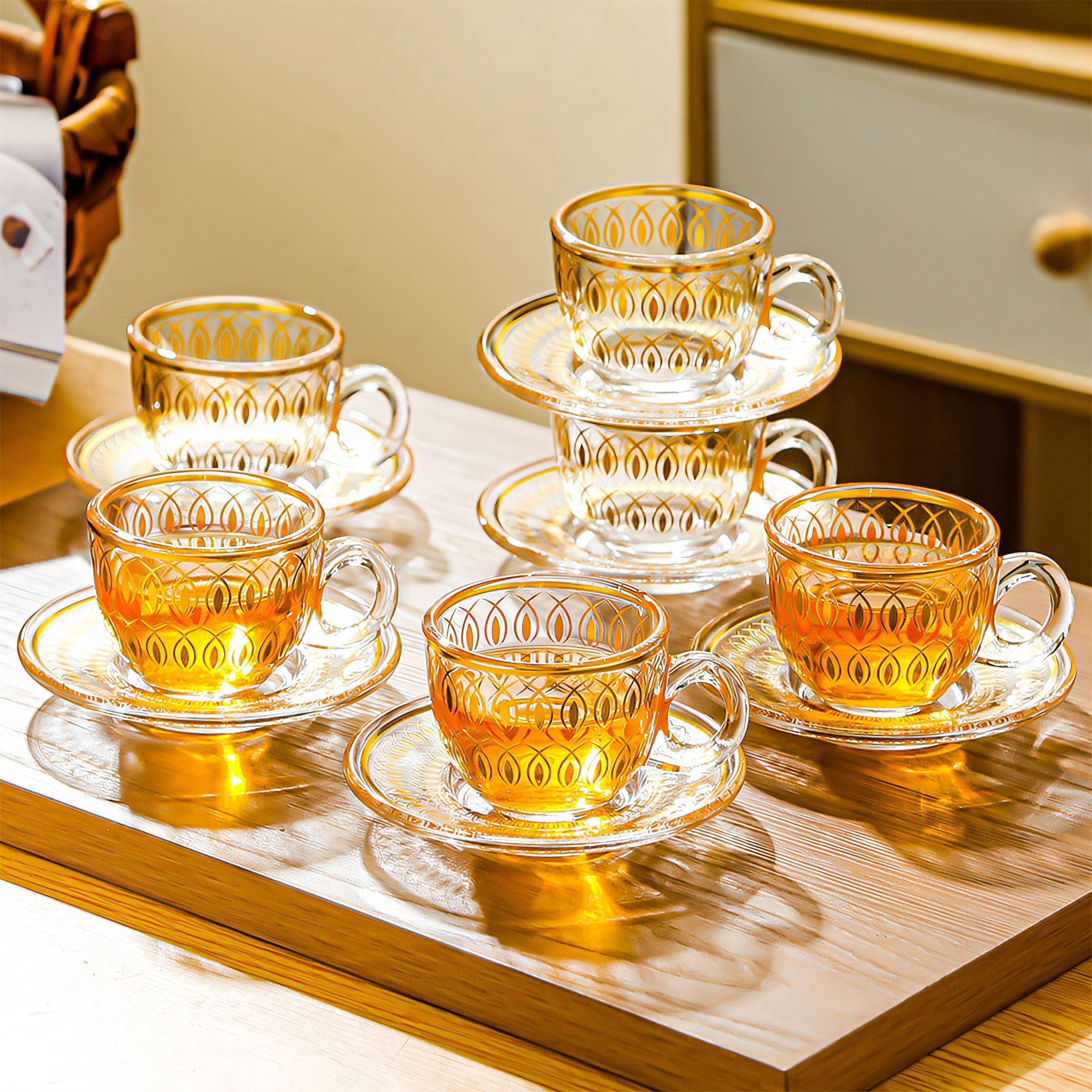 ACDANC Coffee Mug Set,3.38 Fl Oz Nordic Style Glass Tea Cups and Saucers,Gilded Accents Espresso Cup