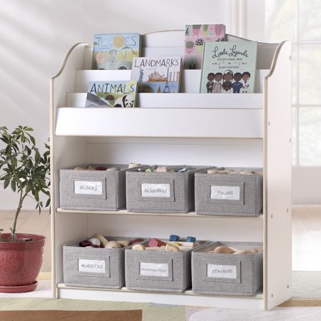 UPC: 0716243802263 | Guidecraft EdQ Essentials Book and Bin Browser White: 6 Fabric Storage Bins  Kids Book Rack and Toy Storage Organizer; Bookcase for Classroom and Homeschool