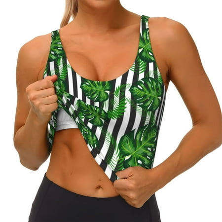 Qokaie Palm Greenery Pattern Womens Scoop Neck Sports Bra Breathable Workout Vest Padded U Back Medium Impact Fitness Gym Yoga Bra Workout Crop Top
