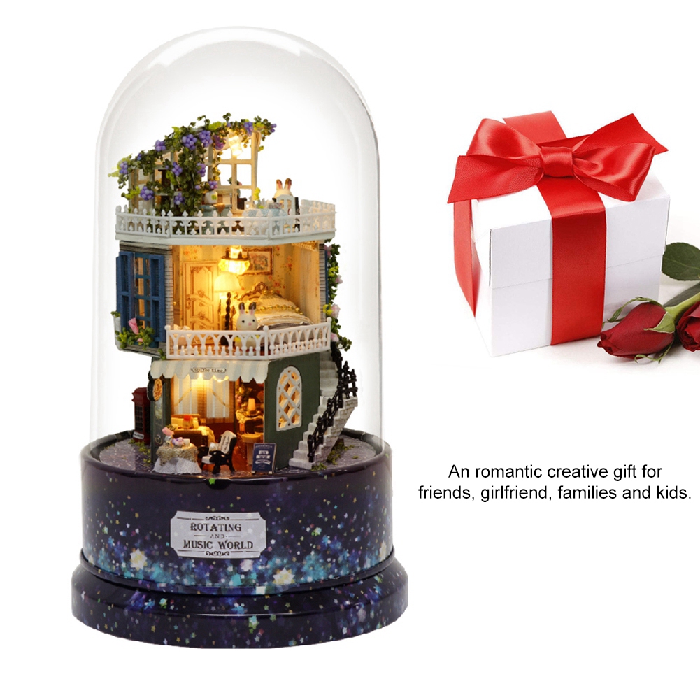 DIY Small House Rotating Music World with Dust Cover Musical Movement Toy Gifts