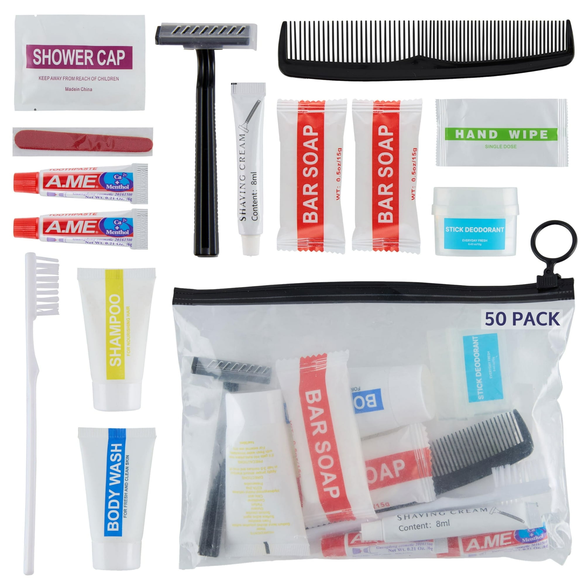 Wholesale Case of 50 Basic Hygiene Kits for Donations – Bulk Toiletry Supplies in Zip Pouch – Perfect for Donations Homeless Shelters, Relief Efforts & Charity Drives (50ct)