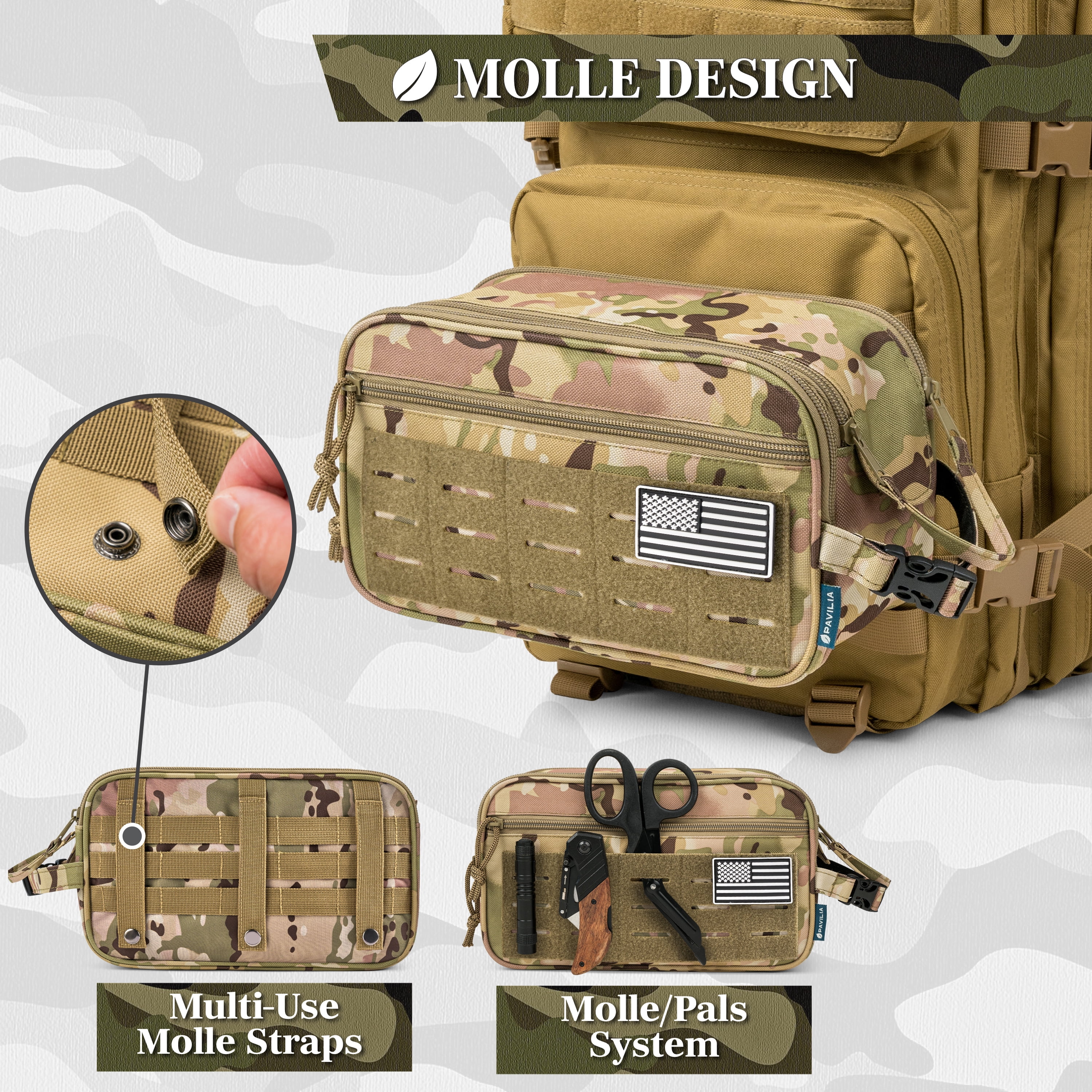 Pavilia Extra Large Tactical Toiletry Bag for Men, Hygiene Travel Bag, Military Dopp Kit, Water Resistant Molle Pouch, Mens Shaving Grooming Essentials, Bathroom Shower Small Organizer Case, Camo