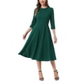 thumbnail image 2 of INSPIRE CHIC Women's Elegant Work Dress 3/4 Sleeve Pleated Round Neck Swing Midi Dress M Dark Green, 2 of 5