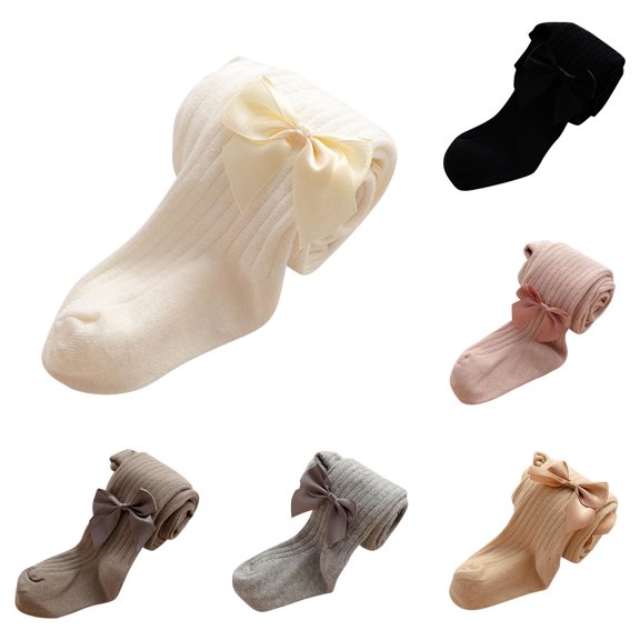 RUTAYY Girls Leggings Tights Bow Decor Ribbed Knit Solid Color Stretchy Casual Hosiery Daily Party Wear White