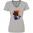 thumbnail image 3 of Inktastic Black Cat, Cat Wearing Witch Hat, Halloween Women's V-Neck T-Shirt, 3 of 5