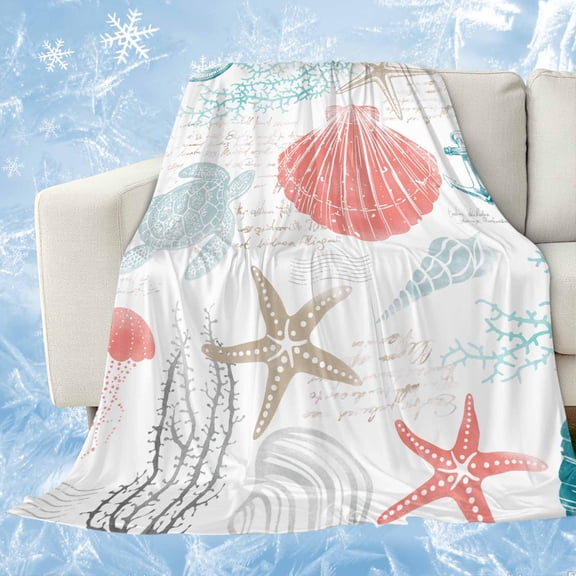 Teal Red Coastal Nautical Cooling Blanket,Lightweight Summer Throw Blanket with Double Sided Cold Effect,Beach Sea Turtle Ocean Coral Starfish Picnic Blankets Bed Sheet for Hot Sleepers 60"x80"