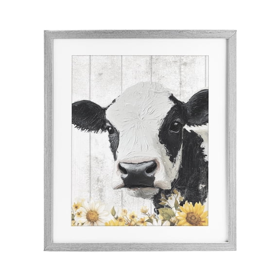 Stupell Industries Cow and Sunflowers Gray Framed Print Under Glass, design by Christine Simpson Art