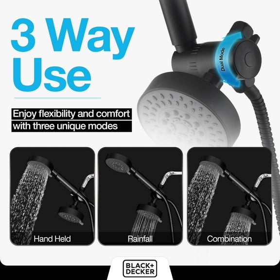 BLACK DECKER Dual Shower Heads with 5-Spray Setting Shower Head System and Stainless Steel Hose, Black