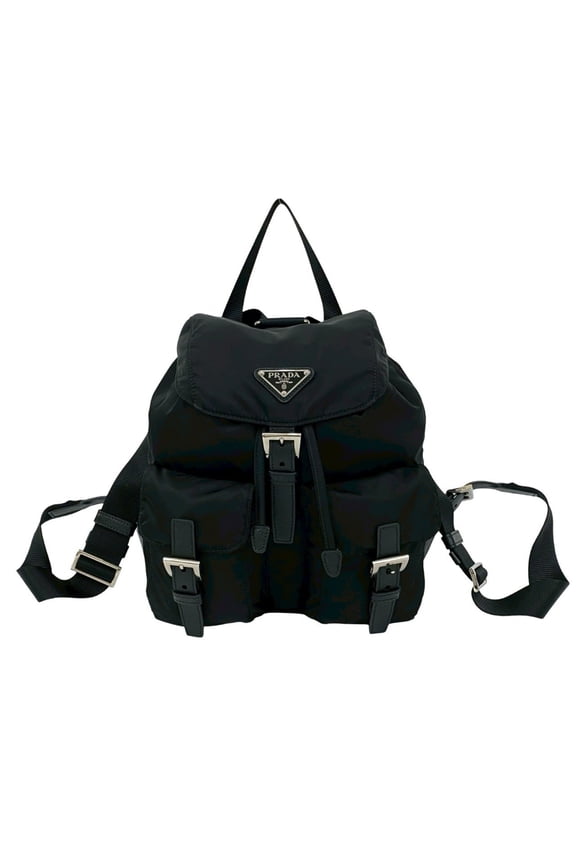 Pre-Owned PRADA Prada Triangle Logo Tessuto Nylon Saffiano Leather Backpack, Black 05157