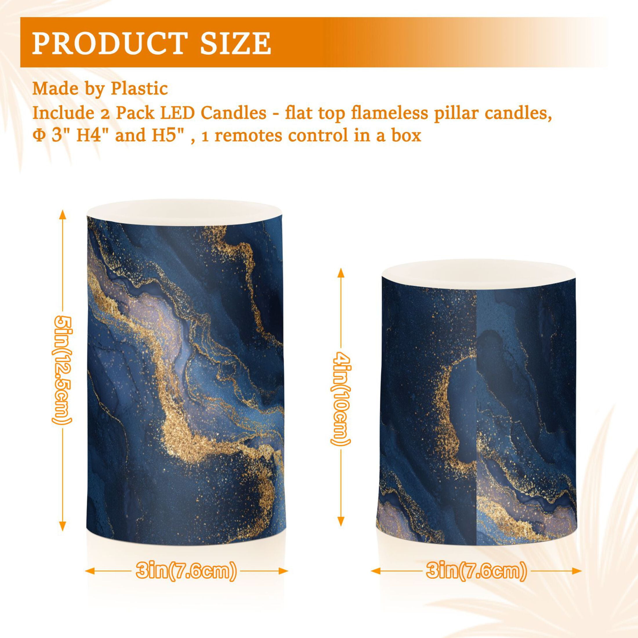 Blue and Gold Art Flickering Flameless Candles Battery Operated with Remote Timer LED Pillar Candles Set of 2