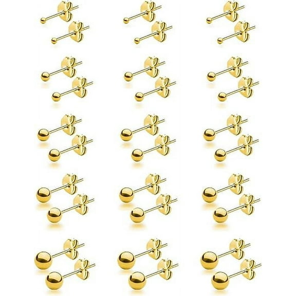 Xukmct 15 Pairs Stud Earrings Set, 316L Stainless Steel 2-6mm Ball Stud Earrings for Women, Men, Gold