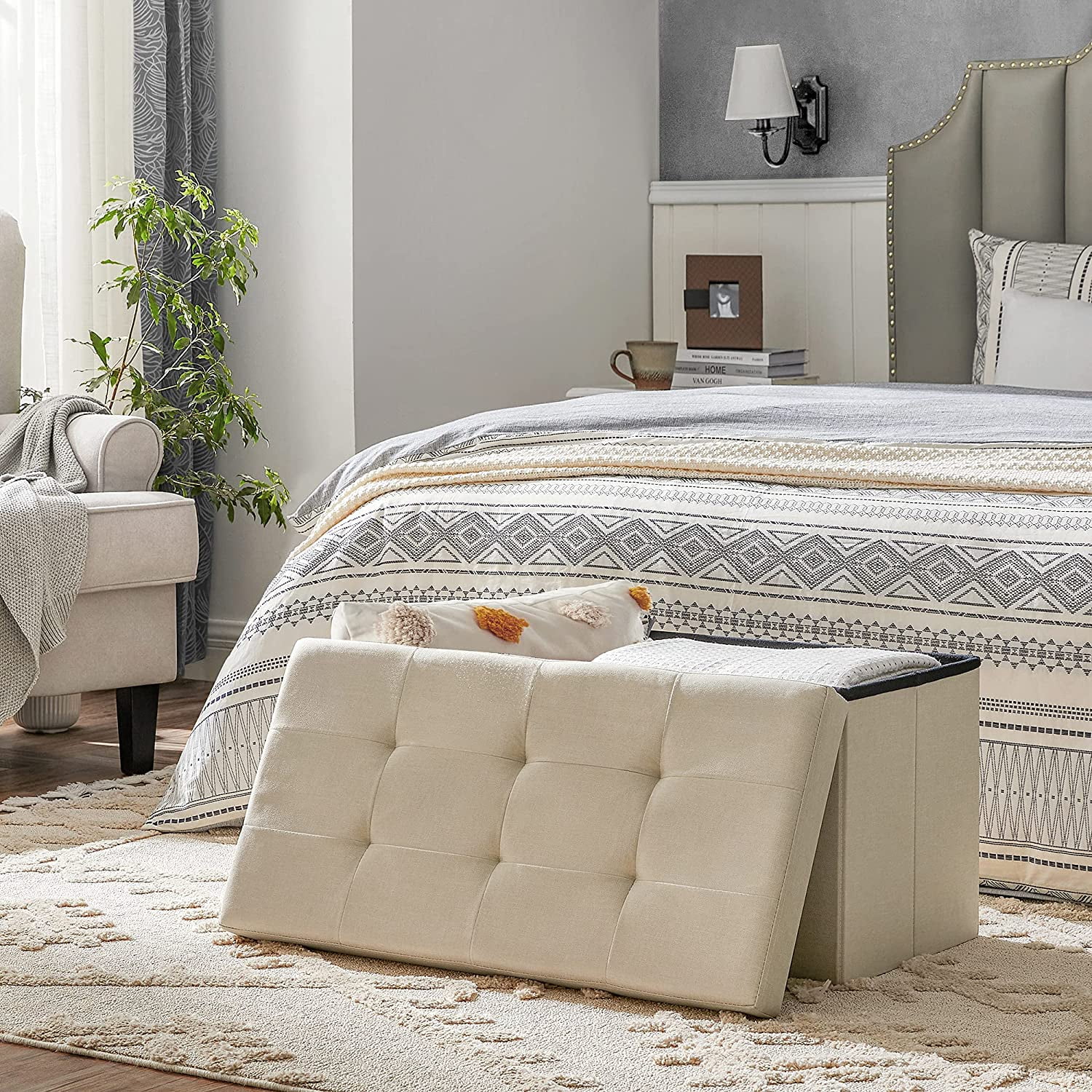 SONGMICS 30" Storage Ottoman Bench Ottoman with Storage Footstool Hold up to 660 lb for Bedroom Living Room Beige