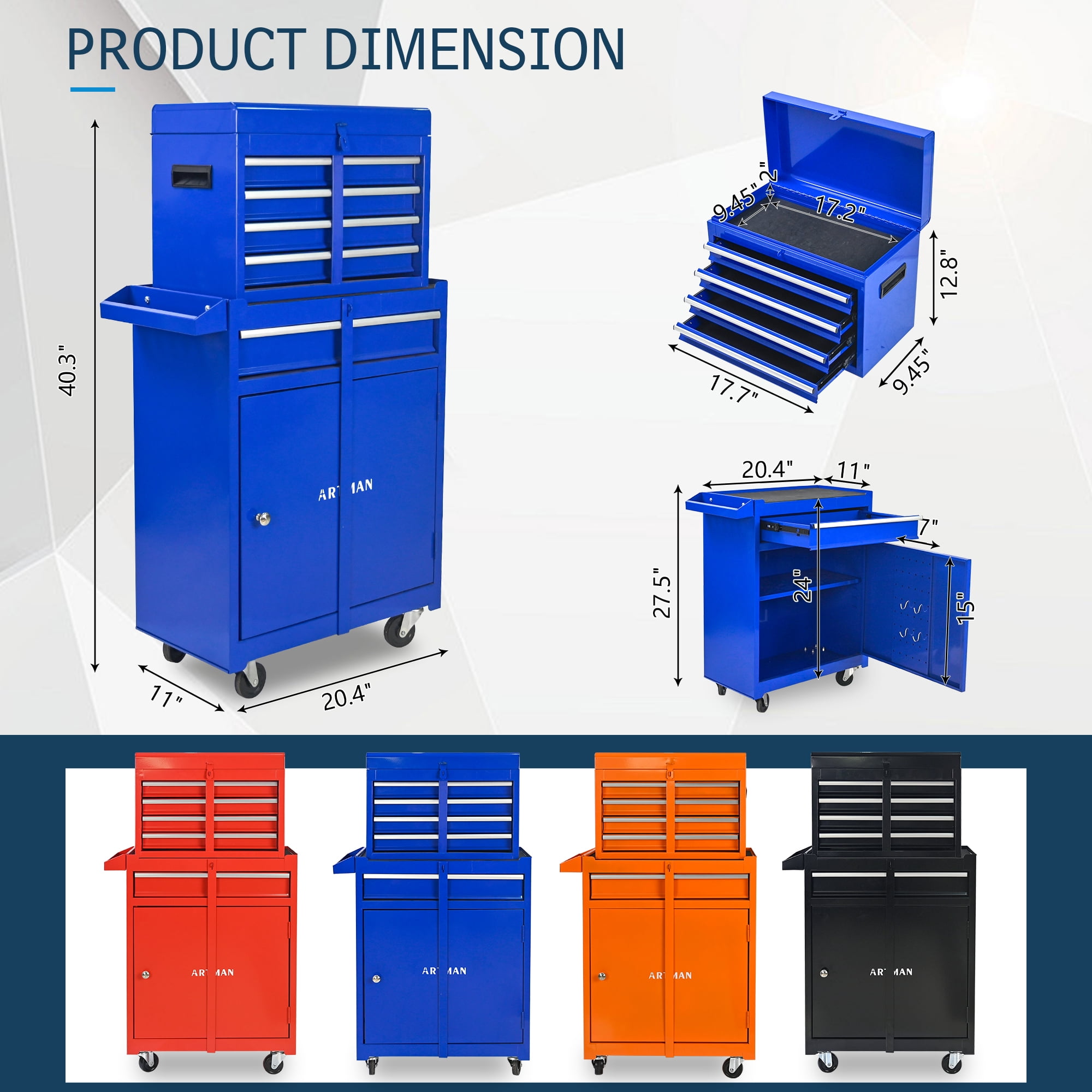 5-Drawer Tool Box, Enyopro Rolling Tool Chest, Stainless Steel Tool Box with Brake Wheels and 4 Drawers, Detachable Tool Cart, Blue