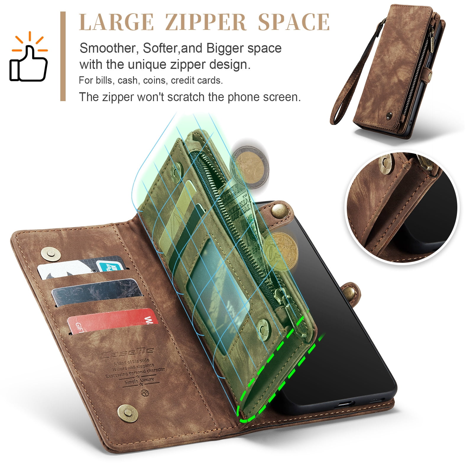 Feishell Durable 2-In-1 Magnetic Detachable Wallet Case for Samsung Galaxy S22,for Women Men,Premium PU Leather Zipper Pocket Flip Multi Card Slots Purse Phone Case with Wrist Strap,Darkbrown