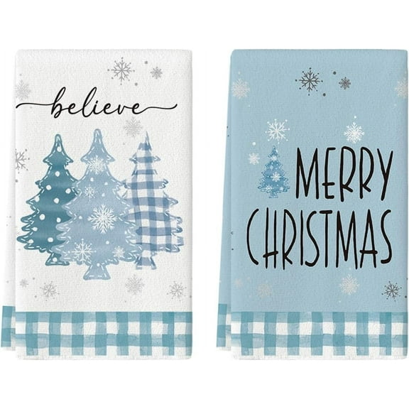 Blue Pine Trees Merry Christmas Kitchen Towels Dish Towels, 18x26 Inch Believe Winter Xmas Holiday Decoration Hand Towels Set of 2
