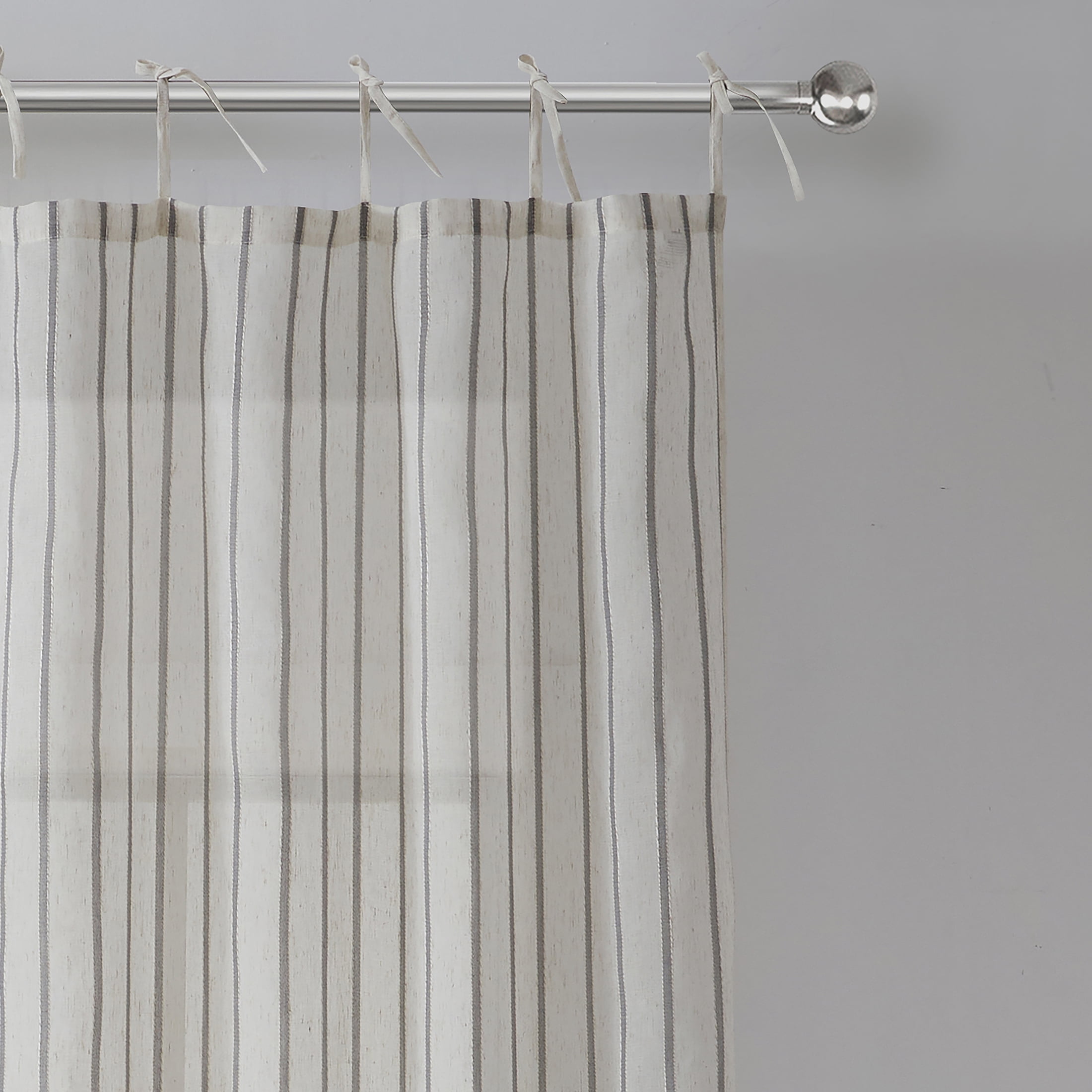 My Texas House Emerson Linen Stripe Light Filtering Tie Top Curtain Panel Pair, Grey, 76" x 95"