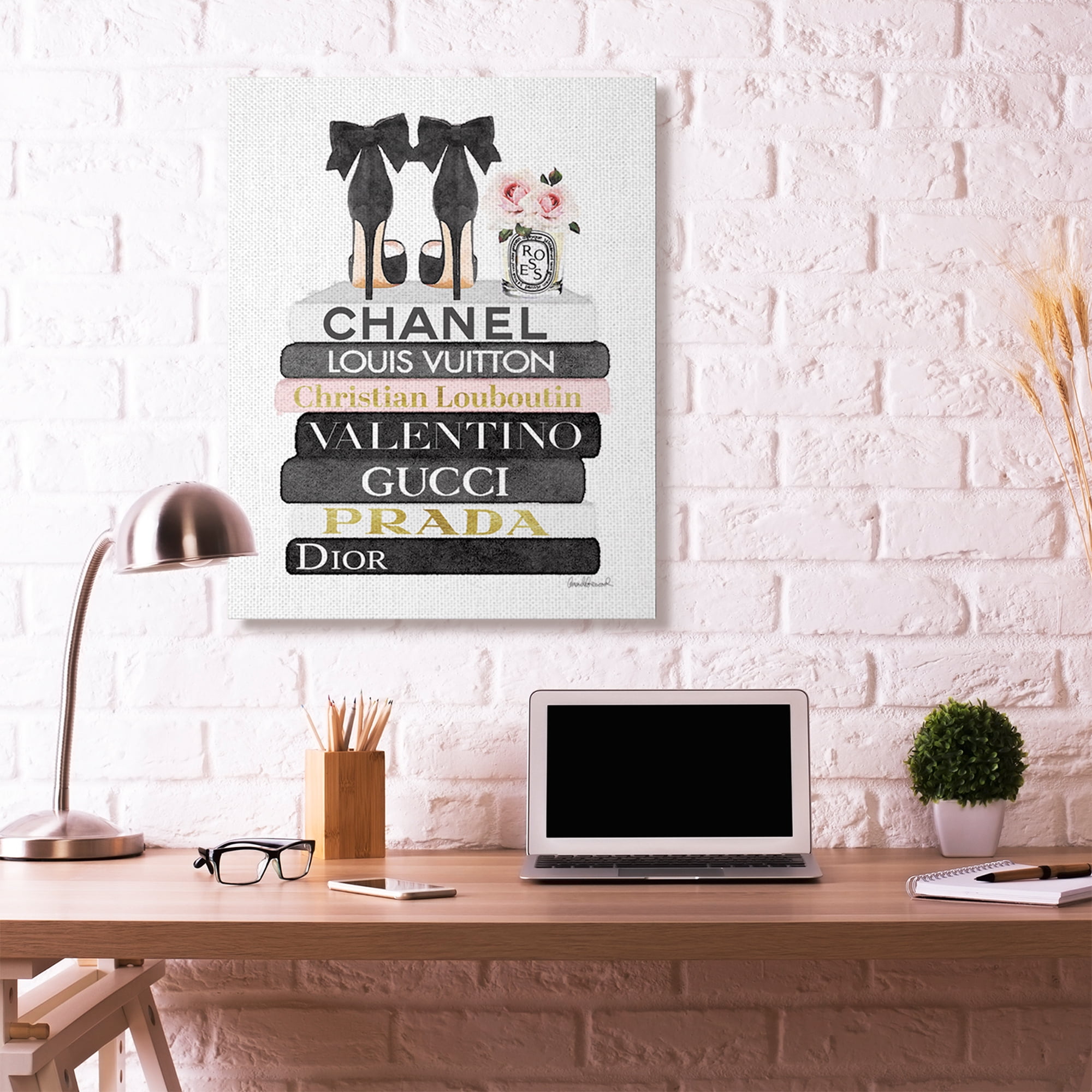 Stupell Industries Fashion Designer Flower Shoes Bookstack Pink Black Watercolor Canvas Wall Art by Amanda Greenwood