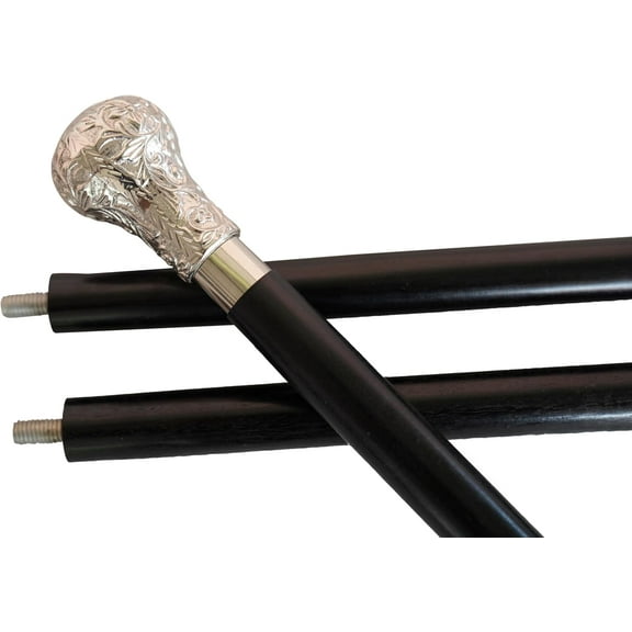 Maritime Treasures Antique Style Walking Cane with Engraved Silver Handle – 3-Piece Black Wooden Stick for Men & Women"
