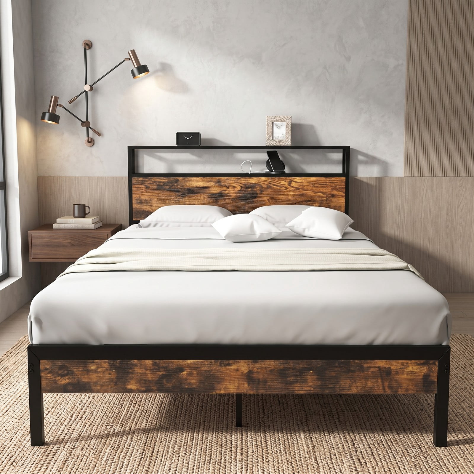Furnibear Queen Bed Frame with Storage Headboard, Charging Station and USB Ports, Metal Platform Bed, No Box Spring Needed, Rustic Brown and Black