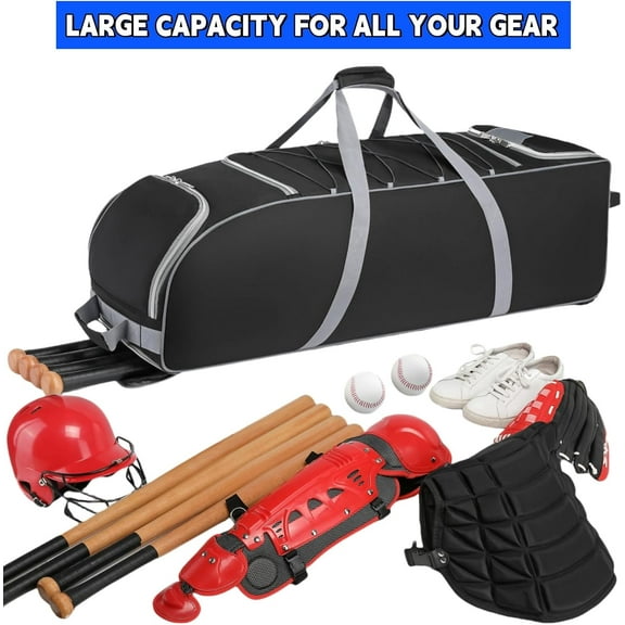 Catcher Gear Bag With Wheels - Rolling Soft Baseball Bag, Holds 4 Bats, Multi-Pockets, Fence Hook | Large Portable for Softball & Baseball Equipment (39.0x11.8x11.8in)
