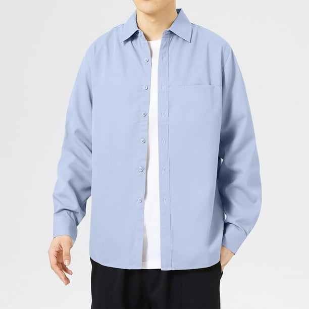 Blusa y camisa de manga larga con cuello vuelto para hombre, informal, de color liso, con botones, de manga larga y cuello vuelto, de poliéster.