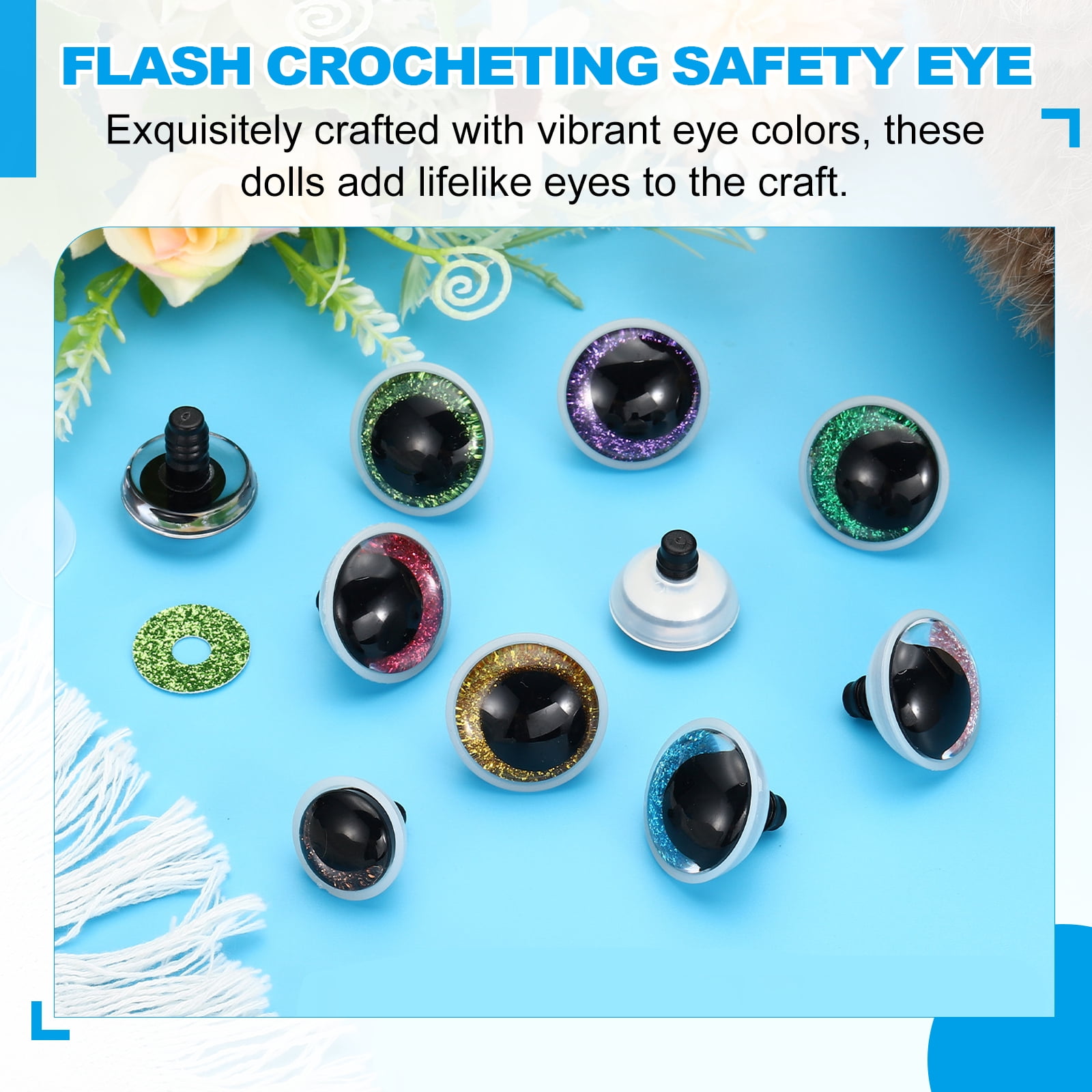 Uxcell 30mm Flash Safety Eyes, 34 Set Plastic Glitter Safety Eyes with Washers Soft Buttons Realistic Colorful Crocheting for Decor Crochet Accessories Dolls Craft, Blue