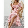 thumbnail image 5 of ZOELNIC Women's Floral Summer Dress Square Neck Puff Sleeve Boho Midi Dress with Ruched Bust & High Waist Split, Casual & Beach Outfit, M, 5 of 7