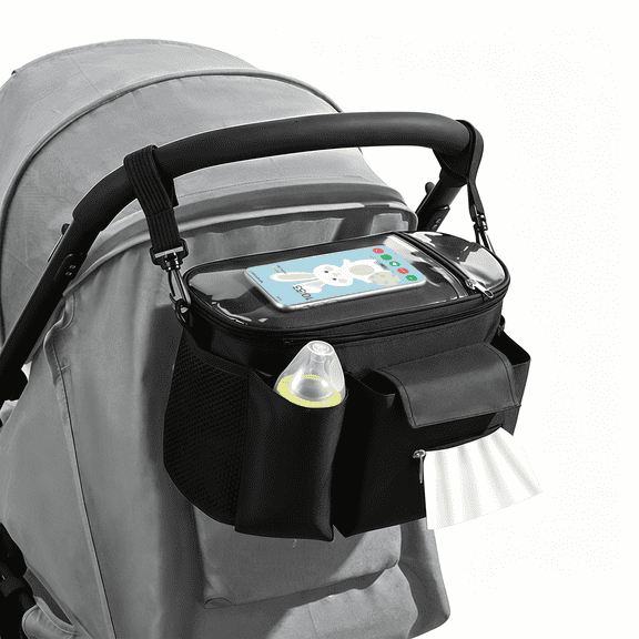 AGOPLEE Universal Stroller Organizer Caddy - Large Capacity Waterproof Hanging Bag with Cup Holders, Phone Pocket & Detachable Strap for Strollers & Cribs (Black)