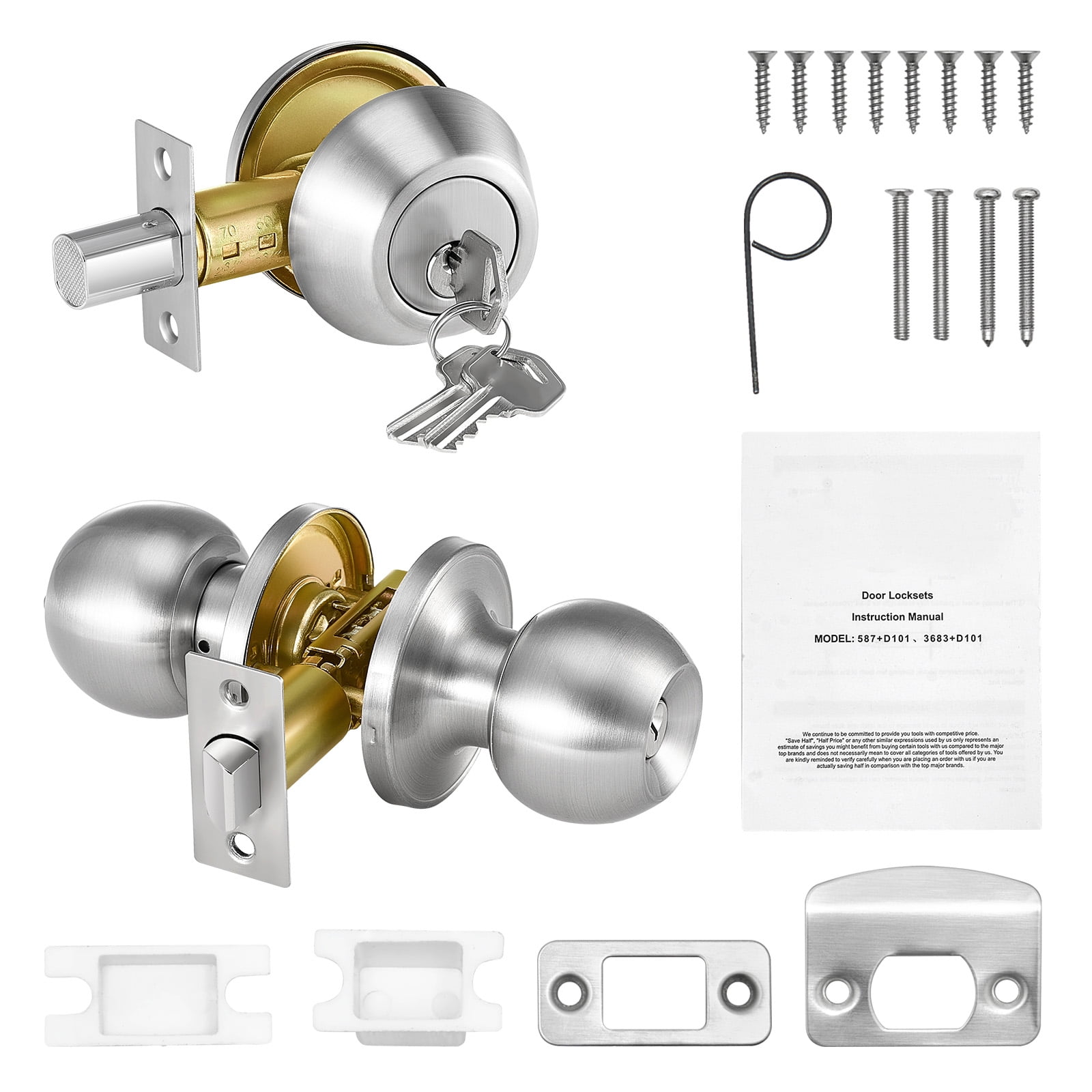 KFFKFF Entry Door Knob and Deadbolt Set, Nickel-Plated Entry Door Handle and Single-Cylinder Deadbolt Combo, Suitable for 1-3/8" to 1-3/4" Door Width, Door Locking Mechanism