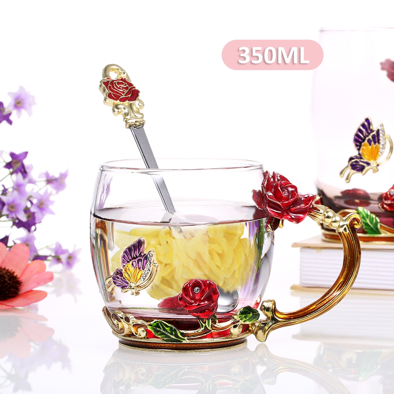 Red Rose Enamel Craft Water Cup Drink Mug with Handle Design Tea Coffee