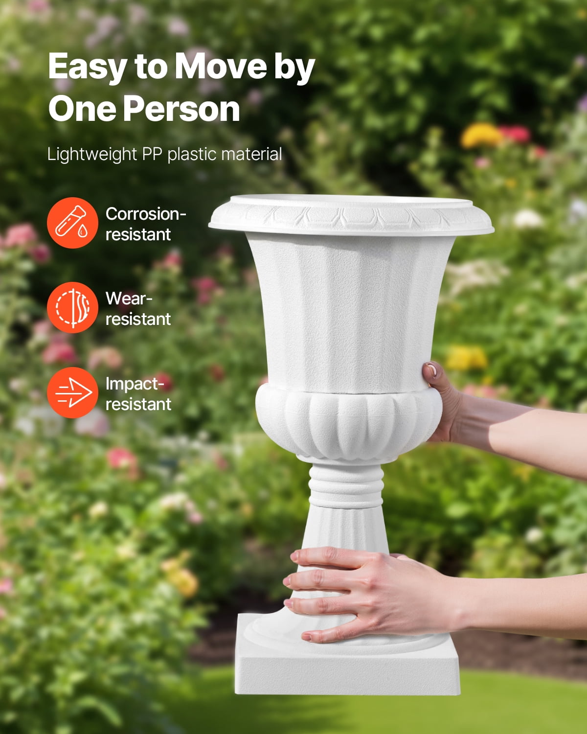 VEVOR Plastic Urn Planters, 9.8 x 16.5 Inch, 2 Pack White Classic Flower Pots Front Porch Planters, Indoor & Outdoor Vase for Wedding, Party, Event, Home, Stage, Garden, Balcony, Patio Decoration