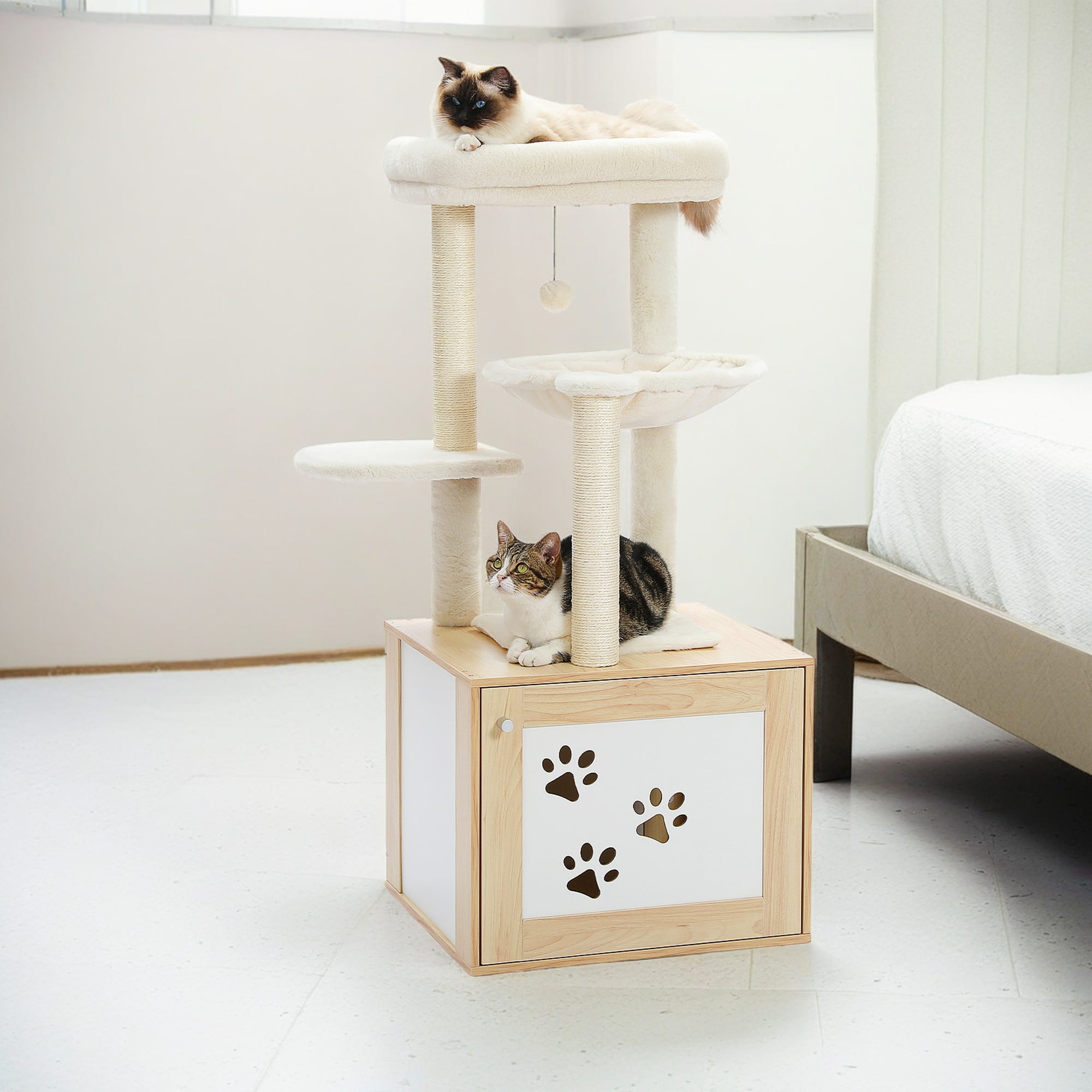 Kadyn 46" Cat Tree Tower with Litter Box Enclosure, Wood Cat Condo with Hammock, Cat Scratching Posts, Removable Top Perch, Beige