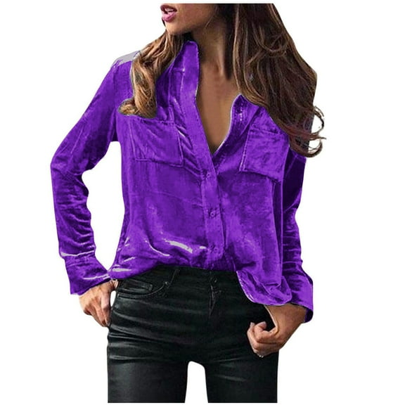 Pxkloy Womens Velour Long Sleeve Top Lapel Button Up Solid Shirts with Pockets Vintage Casual Trendy Fall Fashion Outfits 2025 Clothes Purple,M