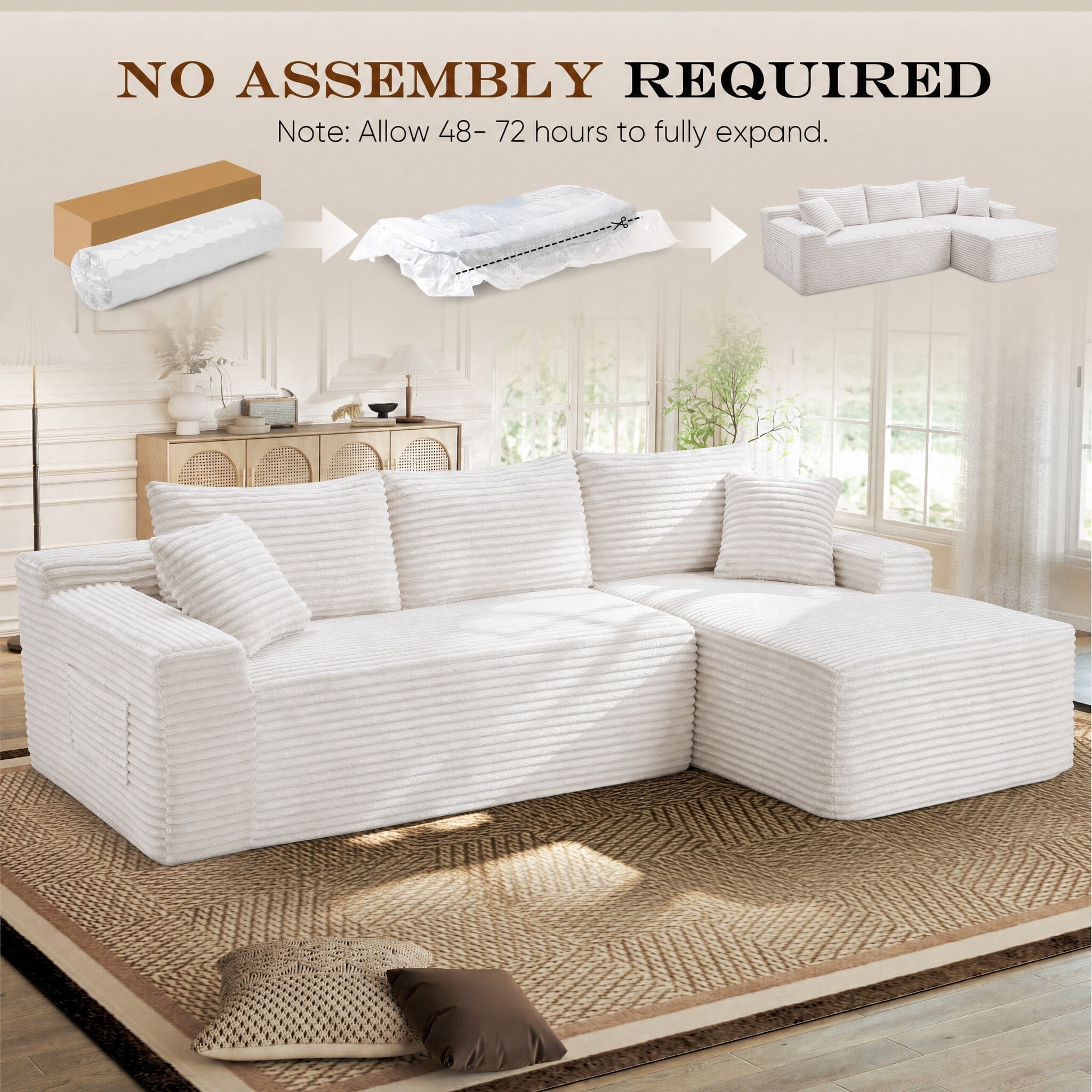 Lunale Small Modular Sectional Sofa with Movable Chaise, L-Shaped Boneless Cloud Couch for Living Room, Beige (Right Facing Chaise)