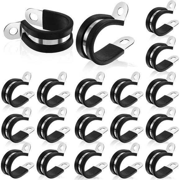 Stainless Steel Wire Clamp Rubber Cushioned Insulated Clamp Wire Clamp Assortment Kit Wire Hose Clamp for Wiring, Line, Hose, and Cable (20, 1 Inch)