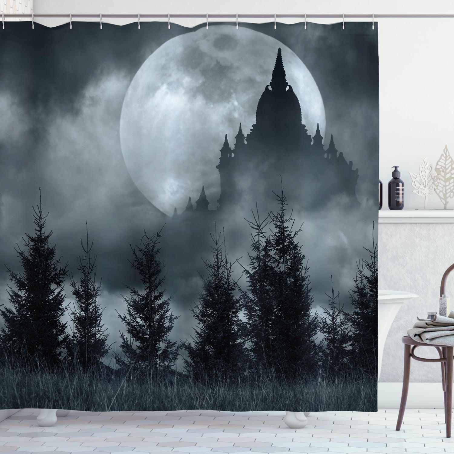 Witch Castle Shower Curtain Liner Waterproof Fabric Halloween Night Bathroom Set 