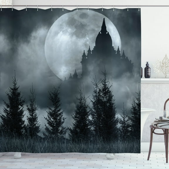 Ambesonne Halloween Shower Curtain, Magic Castle Design, 69"Wx70"L, Grey Pale Grey