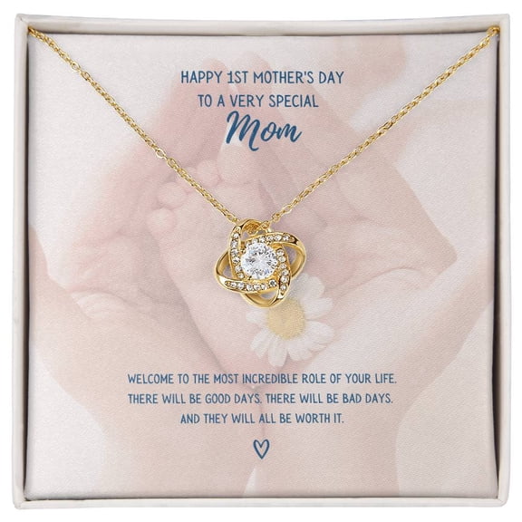 Happy 1St Mother'S Day, Beautiful Necklace, Message Card and Box, White Love Knot Necklace