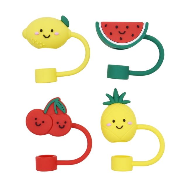Mainstays 4-Pack Plastic Straw Topper Set, Lemon, Cherry, Watermelon & Pineapple, Multi-Color