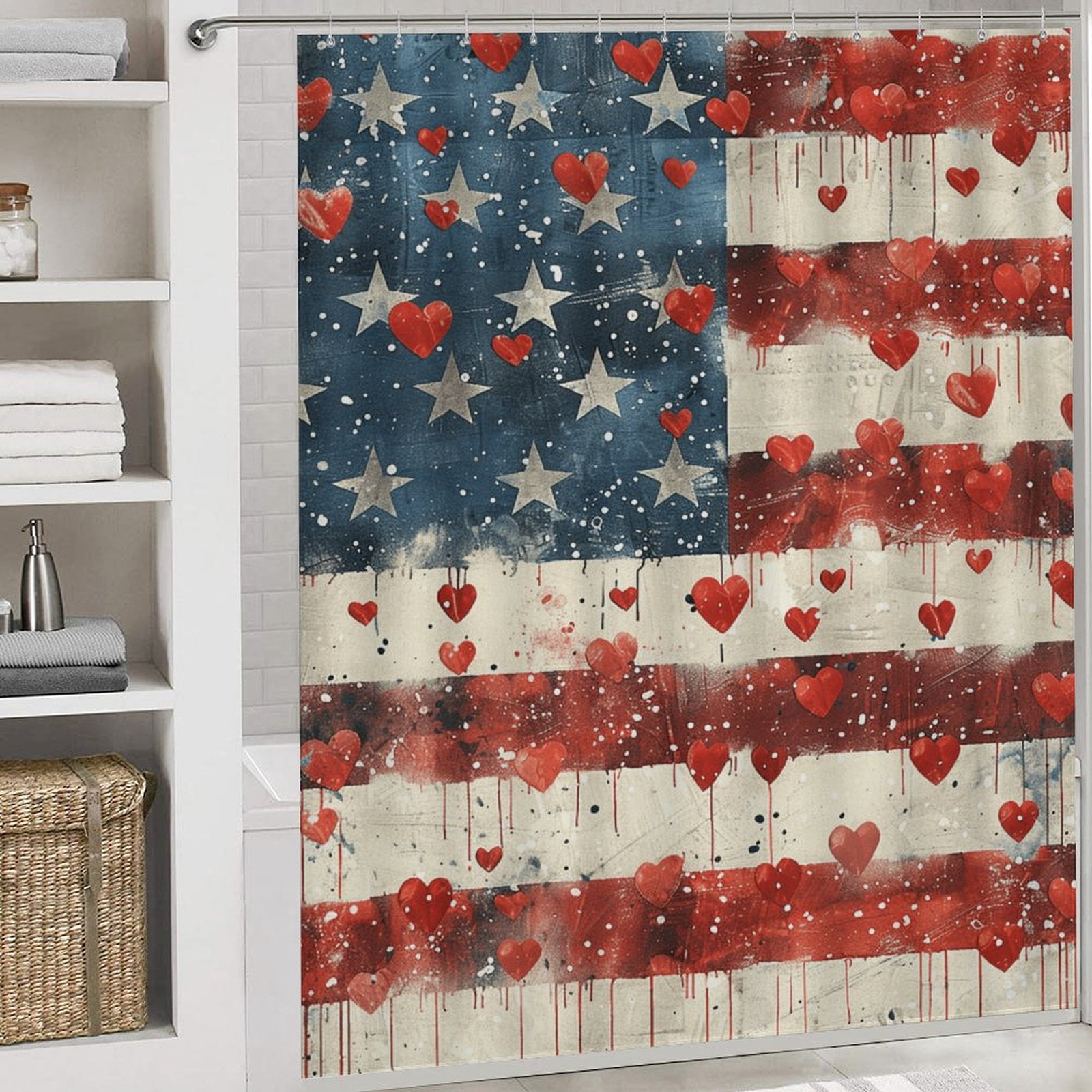 4th of July 4 Piece Shower Curtain Sets, Non-Slip Rugs, Toilet Lid Cover And Bath Mat, for Bathroom Decor Set, 72" X 72"