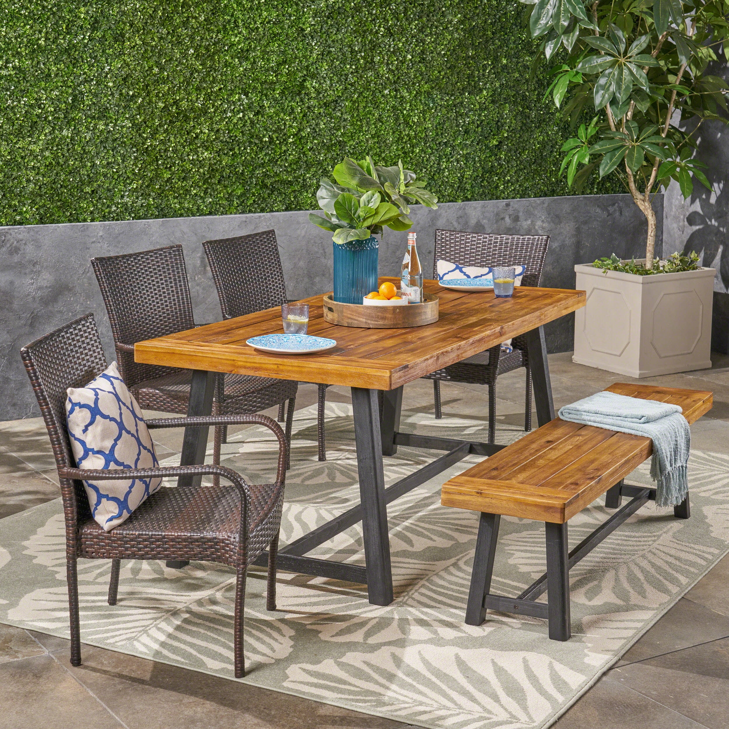 Tara Outdoor 6 Piece Dining Set with Wicker Chairs and Bench