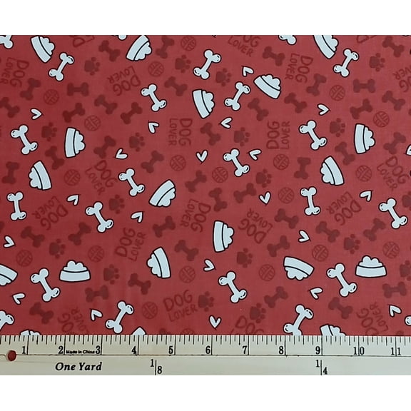 Cotton Spotty Red Dog Bones Bowls Pawprints Dog Lover Pet Mook Fabrics Red Cotton Fabric Print by the Yard (108466)