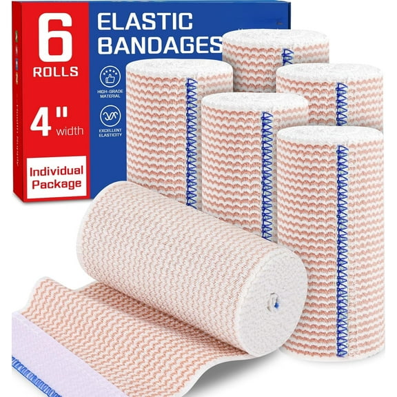 Premium 6 Pack Elastic Bandage Wrap 4 Inch, Compression Wrap Bandage for Legs, Lymphedema Wraps for Legs, Ankle, Knee, Tummy, Body, Latex-Free