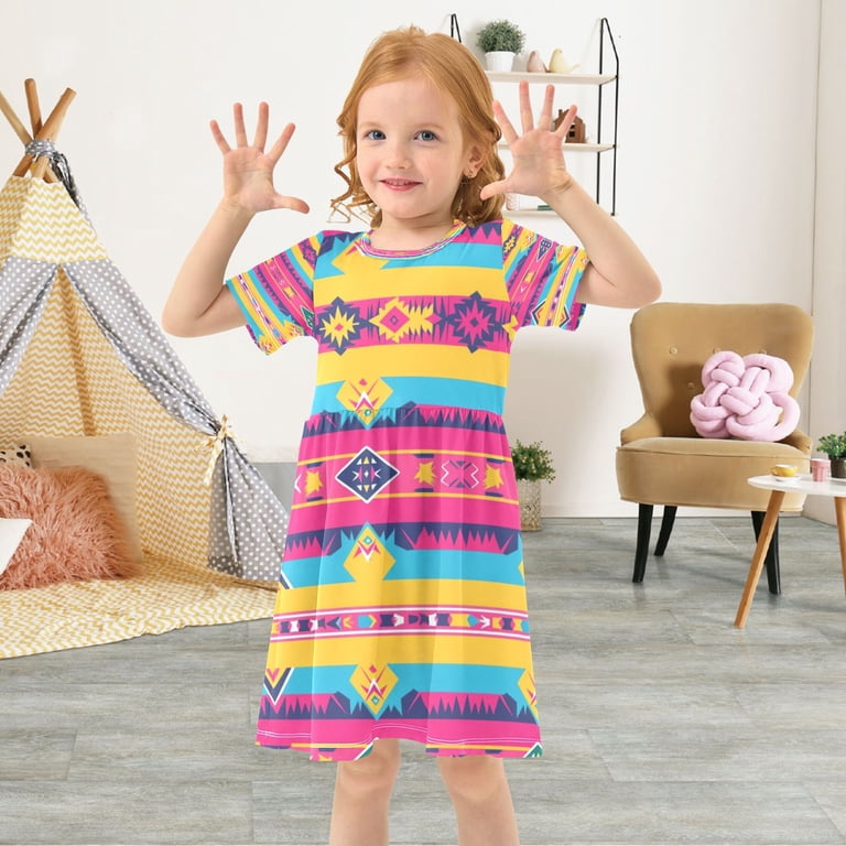 short aztec dress DALAWU Bzsmce Short Sleeve Dress A-line Silhouette Aztec Geometric Abstract Of Pattern, Girl's, Size: 5-6T