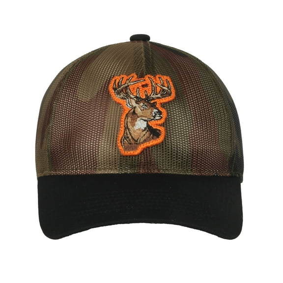 Youth Generic Woodland Green Camo/Black 6 panel Structured Pre-Curved Cotton Camo Cap with Hook Loop Closure, Youth Size