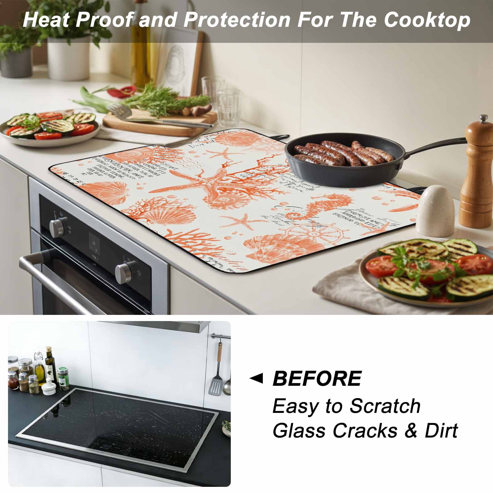 Orange Starfish Stove Top Cover for Electric Stove, Heat-proof & Non Slip Glass Top Stove Cover Protector, Rustic Ocean Coastal Shells Conch Coral Kitchen Flat Cooktop Rubber Mat 31x24 Inches